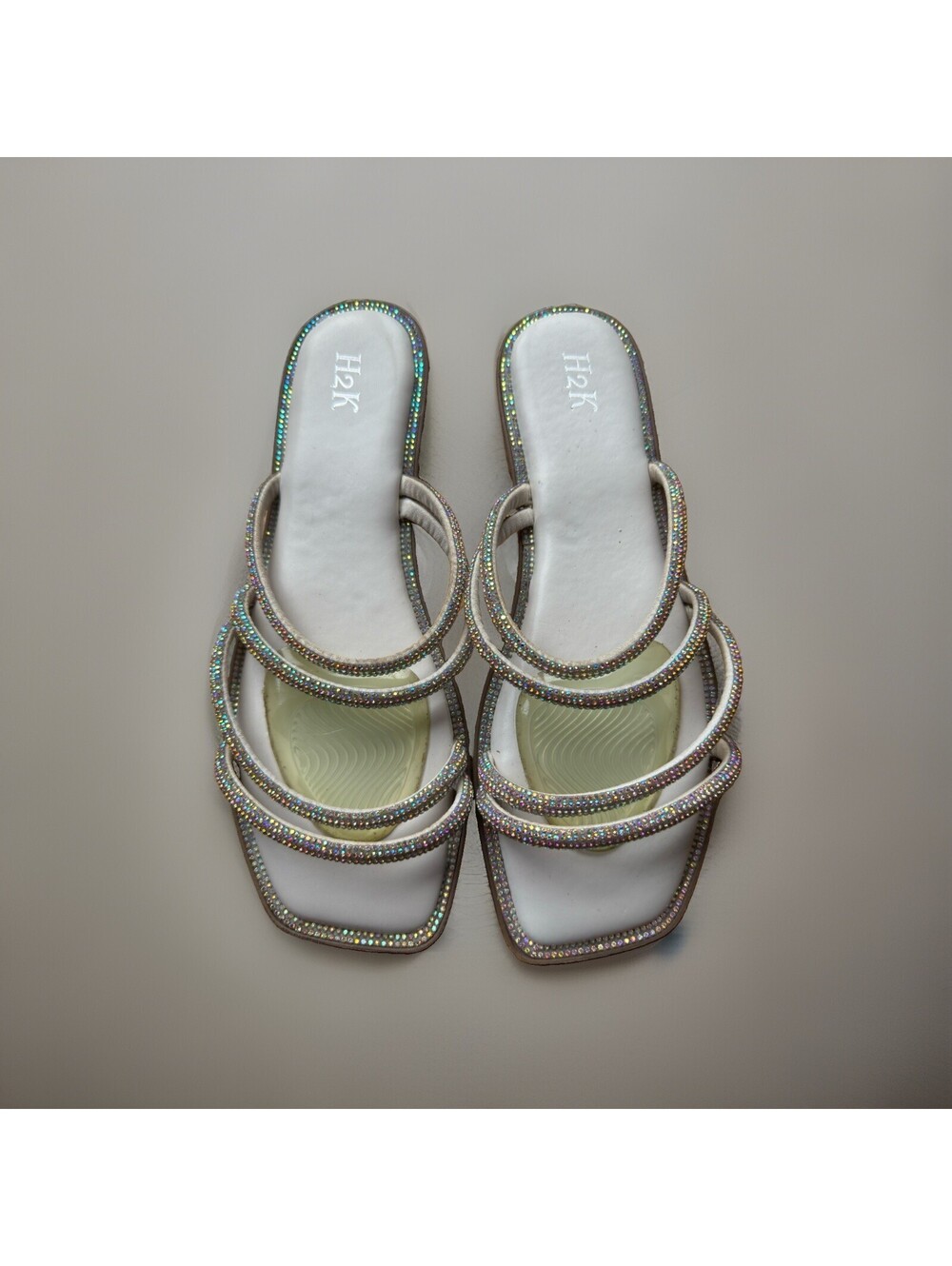 H2K Rhinestone Glam Party Slide Sandals Beige Square Toe Low Heel Women 10